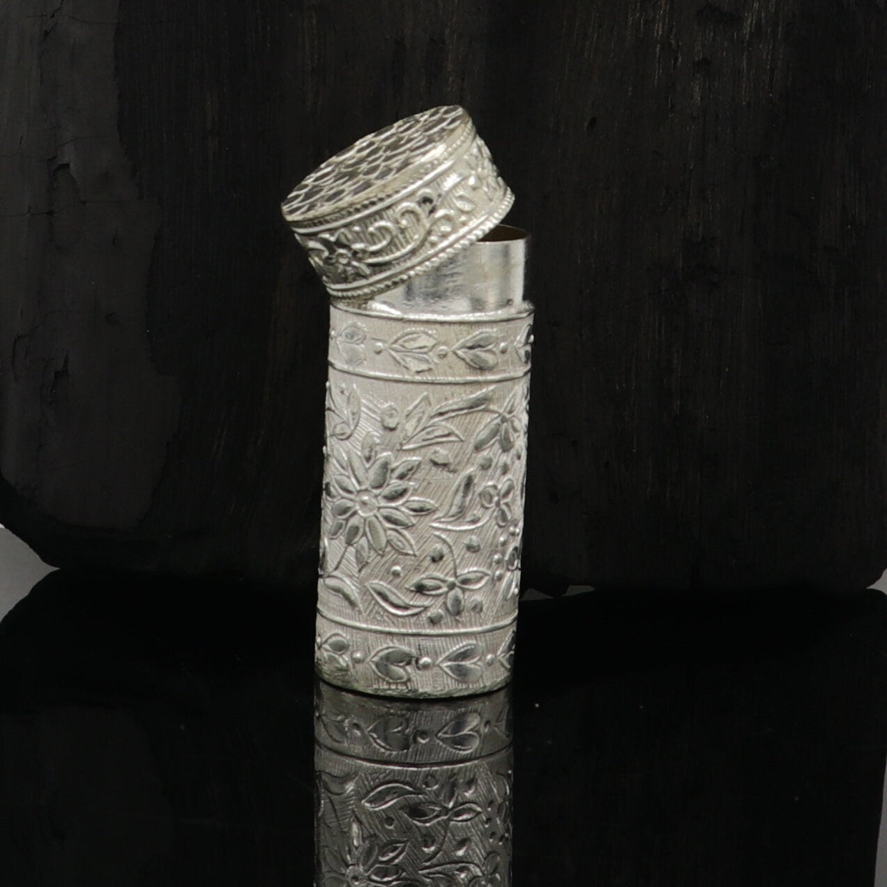 Vintage antique solid silver handmade trinket box with intricate tribal design, ideal for jewelry, eye kajal, or small valuables.