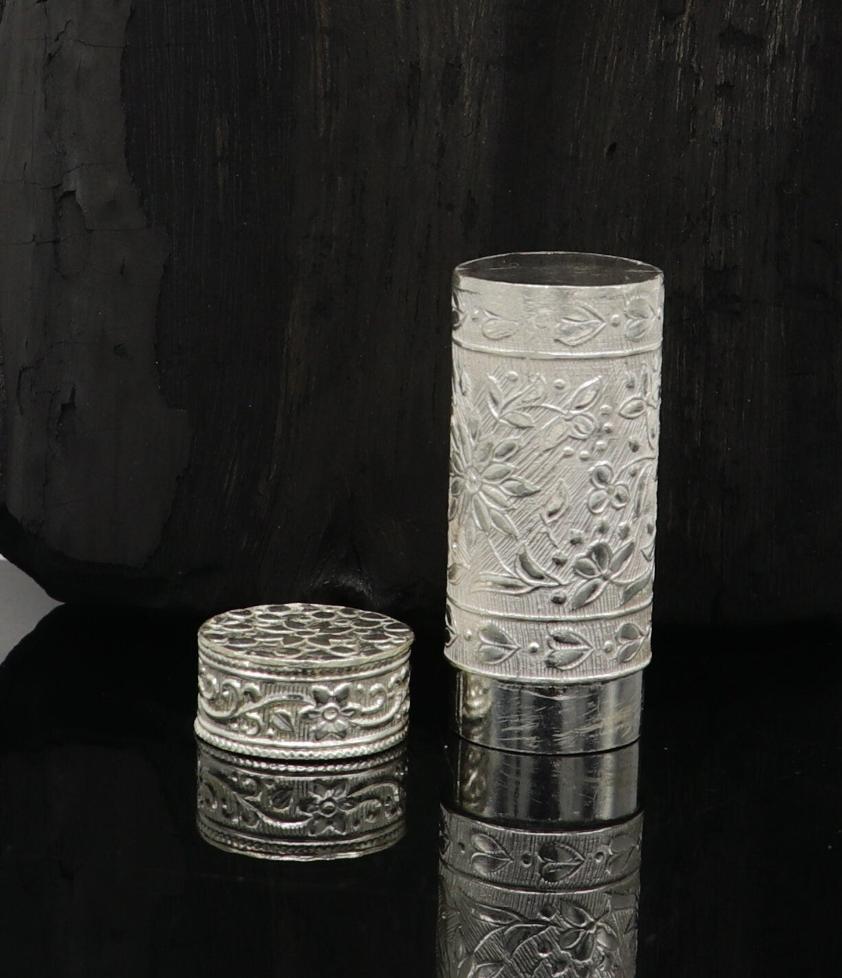 Vintage solid silver handmade trinket box by TRIBAL ORNAMENTS, with intricate antique design, suitable for jewelry, eye kajal, or jewelry storage.