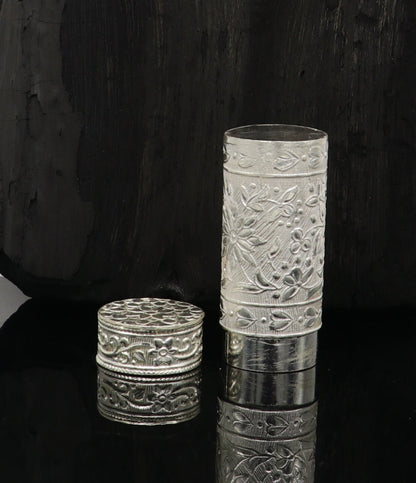Vintage solid silver handmade trinket box by TRIBAL ORNAMENTS, with intricate antique design, suitable for jewelry, eye kajal, or jewelry storage.