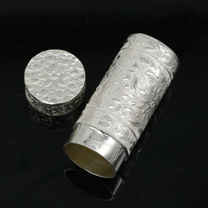 Vintage silver handmade trinket box by Tribal Ornaments, antique design eye kajal container, ideal for brides’ gifts.