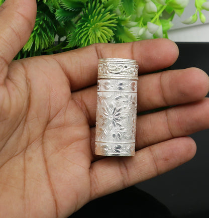 Vintage antique solid silver handmade trinket box with intricate design, ideal for jewelry, eye kajal, or small storage.