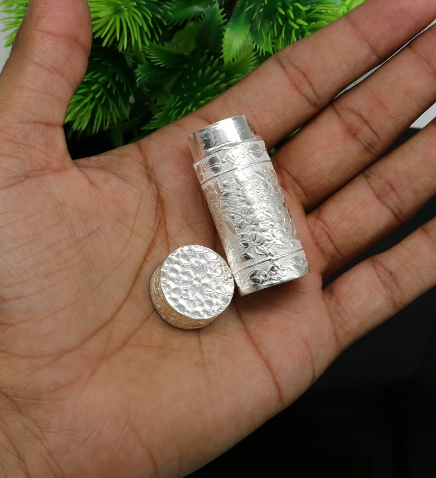 Vintage antique solid silver handmade trinket box, eye kajal container, tobacco and sindur box with intricate tribal ornament design.