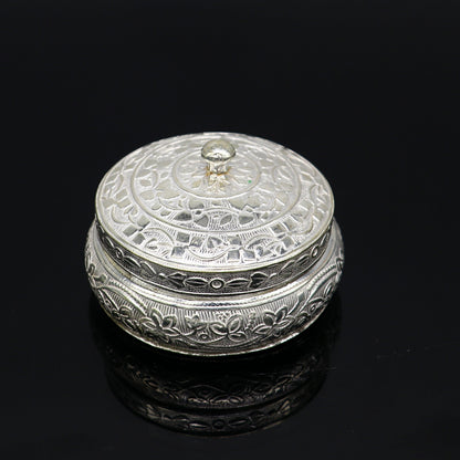 Vintage antique solid silver handmade trinket box by TRIBAL ORNAMENTS, with intricate design for Prasad, Kumkum, or Sindur storage.
