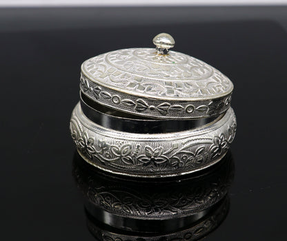 Vintage antique solid silver trinket box by TRIBAL ORNAMENTS, handcrafted for kumkum, sindur, and prasad storage.