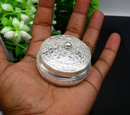 Vintage silver handmade trinket box with intricate antique design, ideal for kumkum, sindur, or prasad storage.