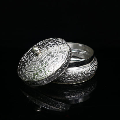 Vintage antique solid silver handmade trinket box for prasad, kumkum, and sindur storage, crafted by TRIBAL ORNAMENTS.