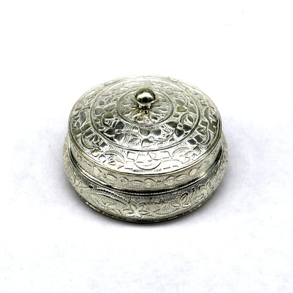 Vintage antique silver handmade trinket box with intricate design, used for prasad, kumkum, and sindur storage.