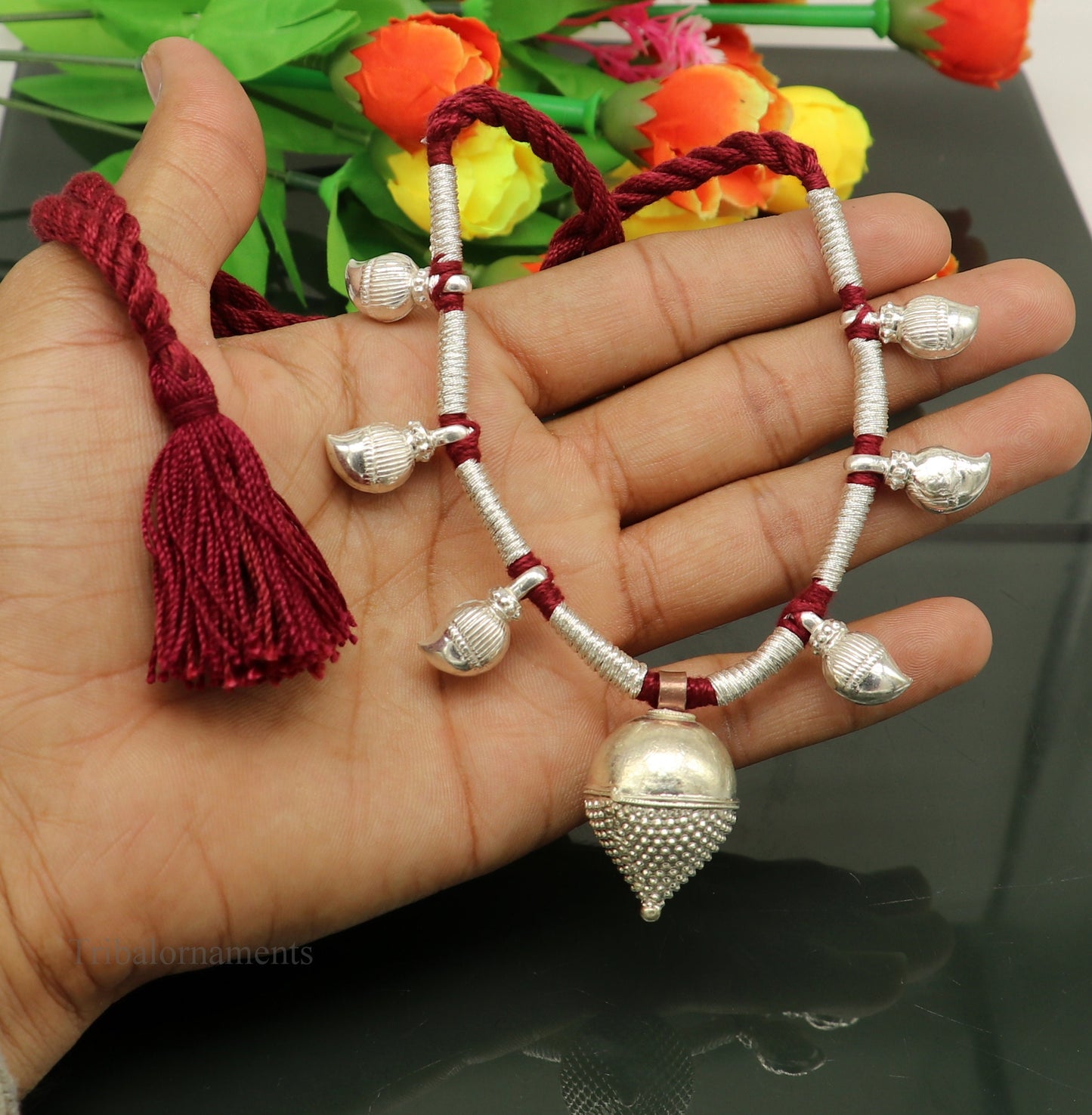 Sterling silver tribal ethnic necklace with vintage antique design, intricate patterns, suitable for belly dance or customized jewelry.