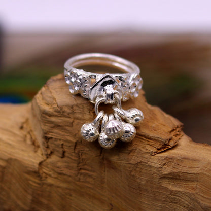 Vintage sterling silver charm ring with noisy bells, handmade tribal belly dance jewelry from India by TRIBAL ORNAMENTS.