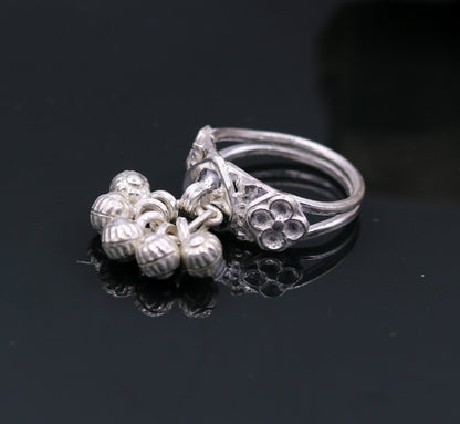 Sterling silver vintage charm ring with noisy bells, handmade belly dance jewelry by TRIBAL ORNAMENTS, featuring antique design.