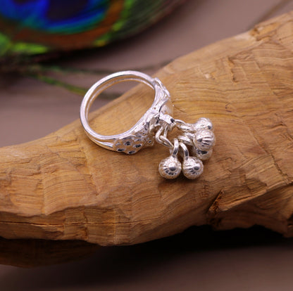 Sterling silver handmade charm ring with noisy bells, vintage antique design, ideal for belly dance jewelry from Tribal Ornaments.