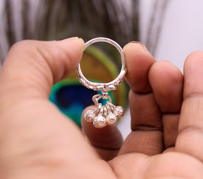 Sterling silver vintage charm ring with noisy bells, handmade tribal jewelry, perfect for belly dance, featuring intricate antique design.