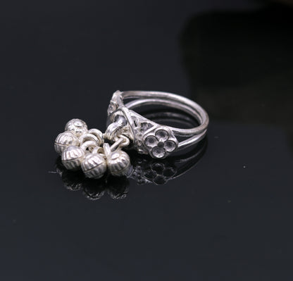 Sterling silver vintage charm ring with noisy bells, handmade tribal design, perfect for belly dance jewelry from Tribal Ornaments.