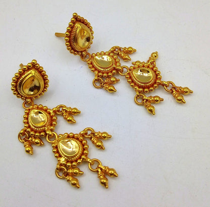 Vintage 22K yellow gold handmade Tussi earrings, tribal jewelry from Rajasthan, India, with intricate design details.
