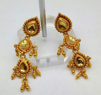 Vintage 22K yellow gold handmade Tussi earrings, tribal jewelry from Rajasthan India, crafted by Tribal Ornaments for women.