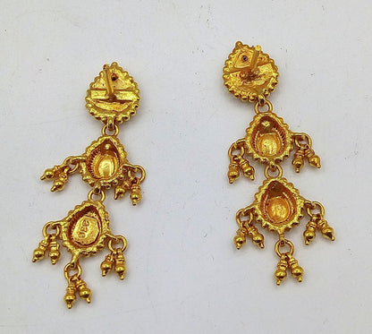 Vintage 22K yellow gold handmade Tussi earrings from Rajasthan, tribal jewelry featuring intricate designs by TRIBAL ORNAMENTS.