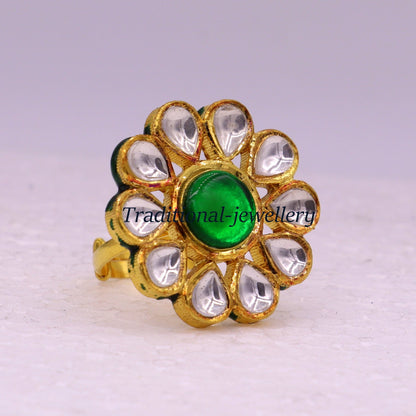 Vintage 22KT yellow gold adjustable ring with green onyx, handmade tribal jewelry for women by TRIBAL ORNAMENTS.