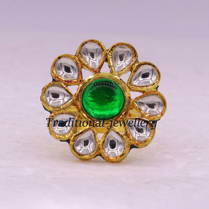 Vintage handmade 22K yellow gold adjustable ring with green onyx, elegant women's jewelry by TRIBAL ORNAMENTS.