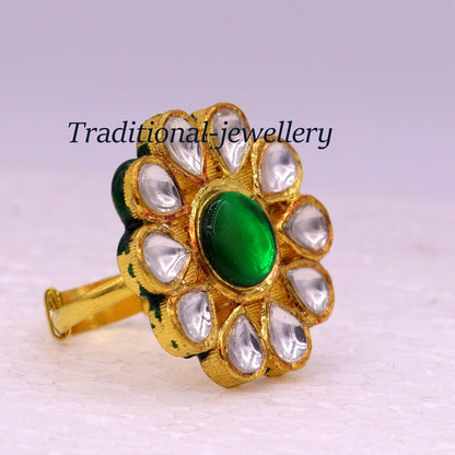 Vintage 22KT yellow gold adjustable ring with green onyx, handmade tribal jewelry for women by Tribal Ornaments.