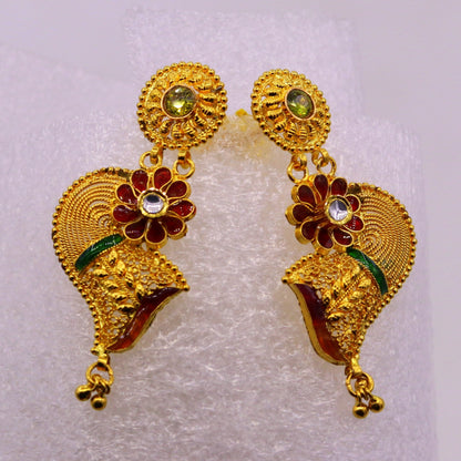 Vintage handmade 22K yellow gold filigree earrings with traditional design, perfect for wedding or daily wear, by TRIBAL ORNAMENTS.