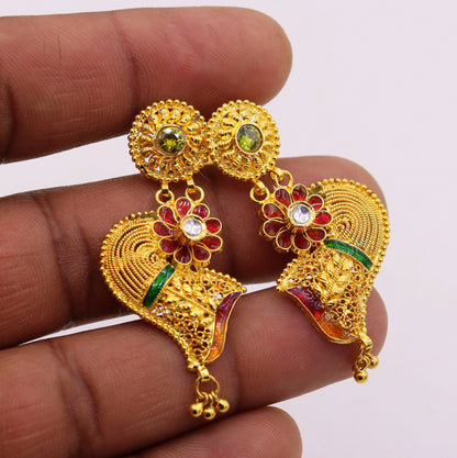 Vintage handmade 22K yellow gold filigree earrings with traditional design, perfect for wedding or daily wear jewelry.