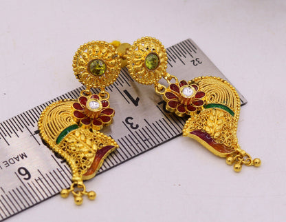 Vintage handmade 22K yellow gold filigree earrings with traditional design, suitable for wedding and daily wear by TRIBAL ORNAMENTS.