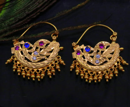 Vintage handmade 22K yellow gold tribal hoop earrings with hanging bells, traditional Indian jewelry by TRIBAL ORNAMENTS.