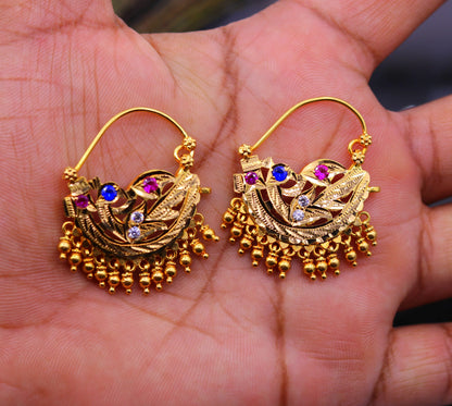 Vintage handmade 22K yellow gold tribal hoop earrings with hanging bells, traditional Indian jewelry by TRIBAL ORNAMENTS.