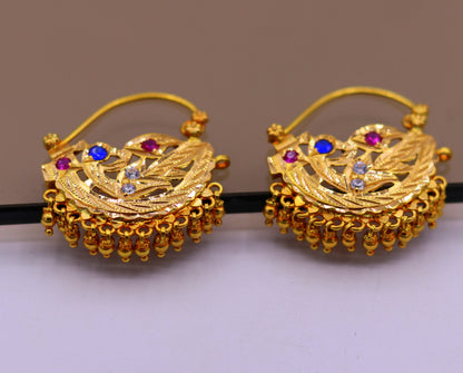 Vintage handmade 22K yellow gold tribal hoop earrings with hanging bells, traditional Indian jewelry by TRIBAL ORNAMENTS.