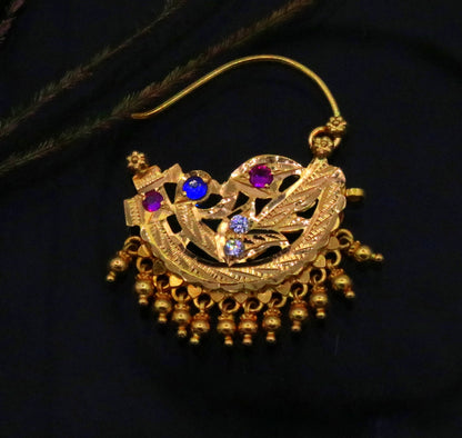 Vintage handmade 22K yellow gold tribal-style hoop earrings with hanging bells, traditional Indian jewelry by TRIBAL ORNAMENTS.