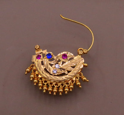 Vintage handmade 22K yellow gold tribal hoop earrings with hanging bells, traditional Indian jewelry by TRIBAL ORNAMENTS.