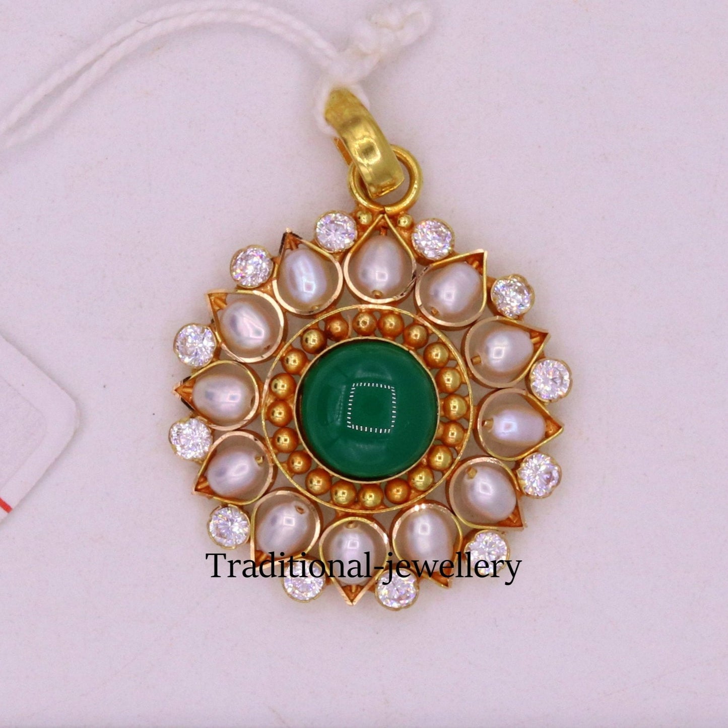 Vintage 22KT yellow gold Jadau pendant with green onyx, pearls, and cubic zircon, showcasing traditional handmade tribal jewelry.