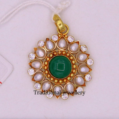 Vintage 22KT yellow gold Jadau pendant with green onyx, pearls, and cubic zircon, showcasing traditional handmade tribal jewelry.