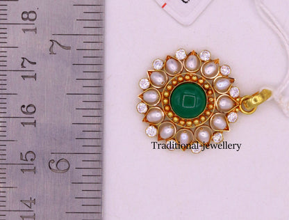 Vintage handmade 22KT yellow gold Jadau pendant with green onyx, pearls, and cubic zirconia, traditional tribal jewelry.