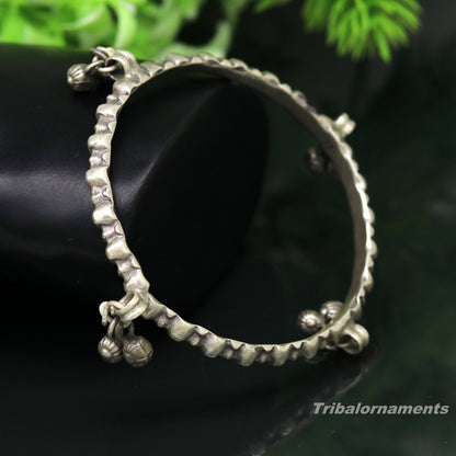 Vintage handmade solid silver charm bangle bracelet with jingle bells, tribal design, perfect for belly dance jewelry.