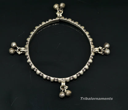 Vintage handmade solid silver charm bangle bracelet with jingle bells, tribal design, used tribal belly dance jewelry by TRIBAL ORNAMENTS.
