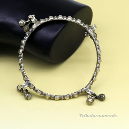 Vintage handmade solid silver charm bangle bracelet with jingle bells, tribal design, perfect for belly dance jewelry.