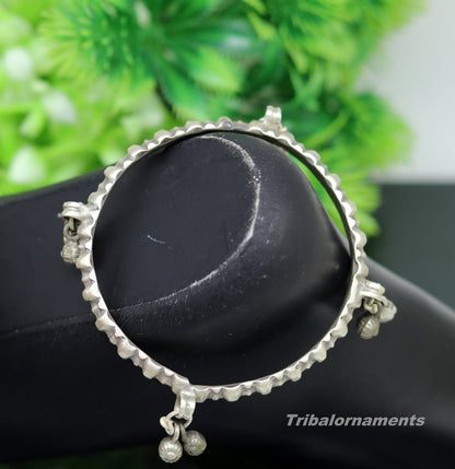 Vintage handmade solid silver charm bangle bracelet with jingle bells, tribal design, perfect for belly dance jewelry.