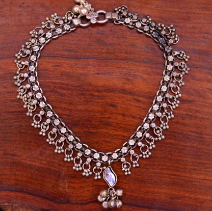 Vintage silver anklet from Rajasthan, tribal belly dance jewelry with charm, worn as a single ankle bracelet by TRIBAL ORNAMENTS.