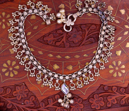 Vintage silver tribal anklet from Rajasthan with charm, used belly dance jewelry, handcrafted ankle bracelet by TRIBAL ORNAMENTS.
