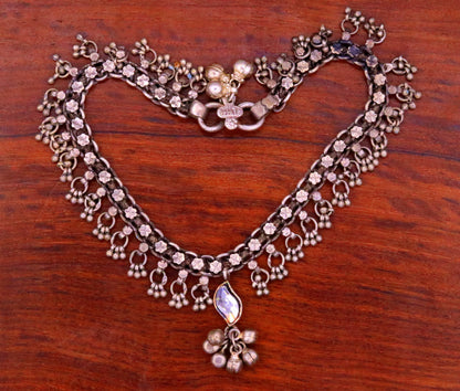 Vintage silver anklet from TRIBAL ORNAMENTS featuring tribal belly dance charm and foot jewelry, used Rajasthan ankle bracelet.
