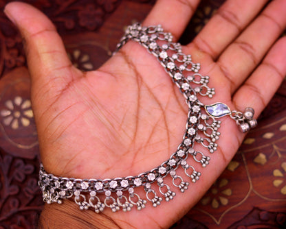 Vintage silver anklet from Rajasthan, tribal belly dance foot bracelet with charm, antique single ankle jewelry by TRIBAL ORNAMENTS.