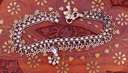 Vintage silver anklet from TRIBAL ORNAMENTS, tribal foot bracelet with charms, used ankle jewelry from Rajasthan.