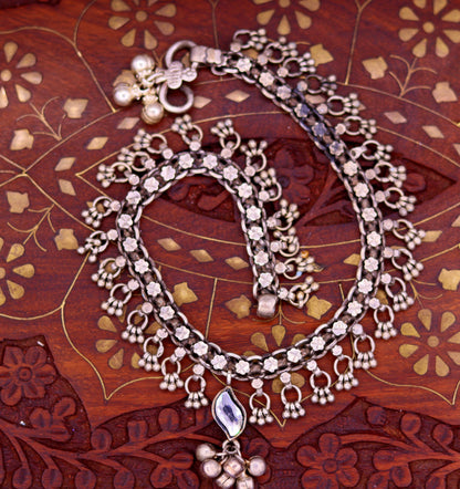 Vintage silver anklet from TRIBAL ORNAMENTS, tribal ankle bracelet with charms, used belly dance jewelry from Rajasthan.
