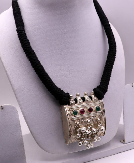 Vintage antique silver handmade old fabulous amulet necklace tribal belly dance jewelry ethnic ornament from rajasthan india osn02 - TRIBAL ORNAMENTS