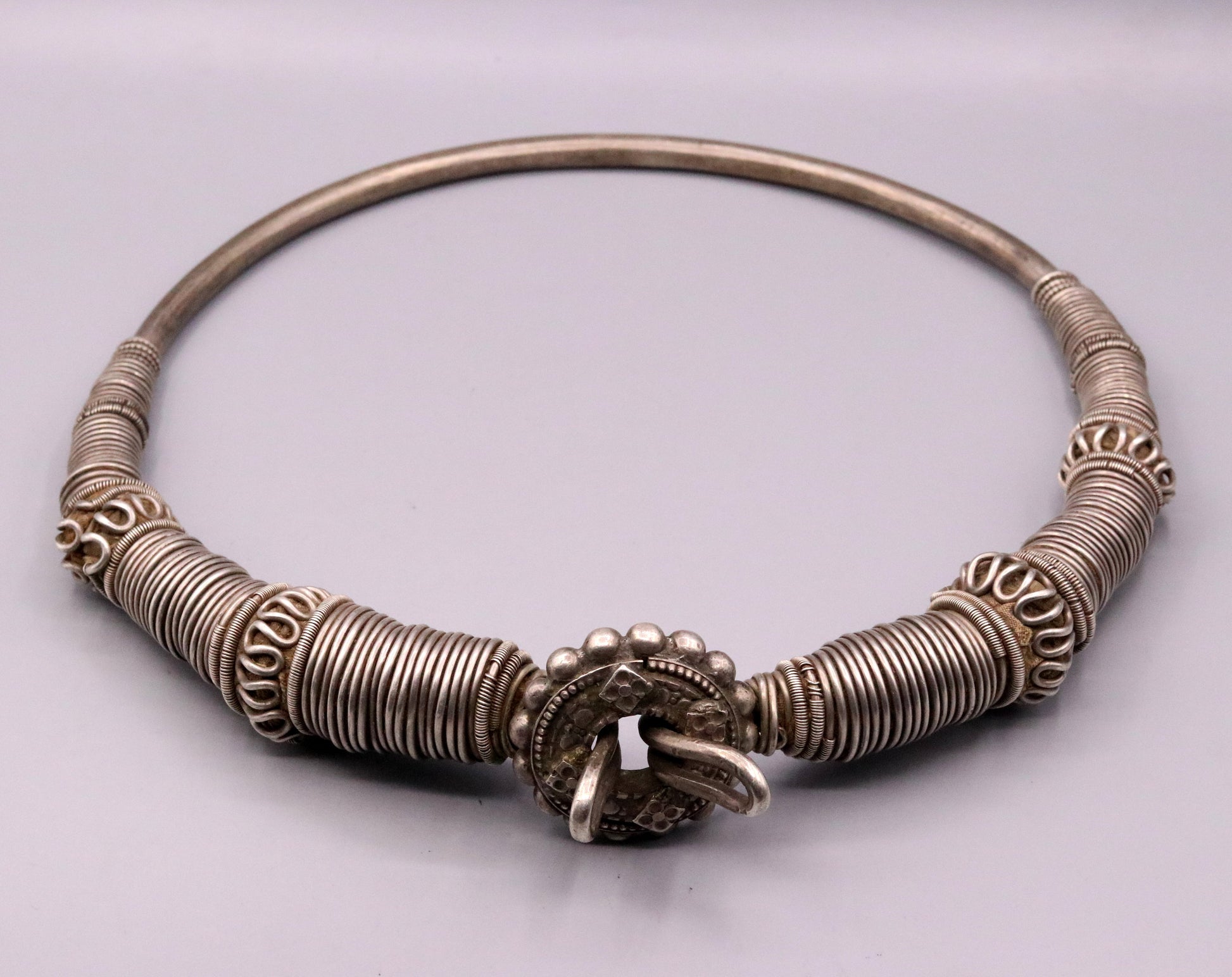 Vintage antique solid silver handmade necklace choker indian tribal jewelry 'hasali' necklace from india Rajasthan osn04 - TRIBAL ORNAMENTS