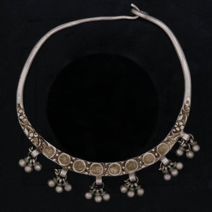 Vintage antique solid silver baby choker necklace featuring tribal tribal ornaments from Rajasthan, India.