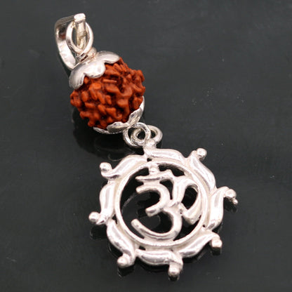 Vintage sterling silver Rudraksha bead with 'Aum' pendant, unisex tribal jewelry by TRIBAL ORNAMENTS.