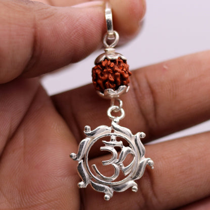 Vintage sterling silver Rudraksha bead with 'Aum' pendant, unisex tribal jewelry by TRIBAL ORNAMENTS