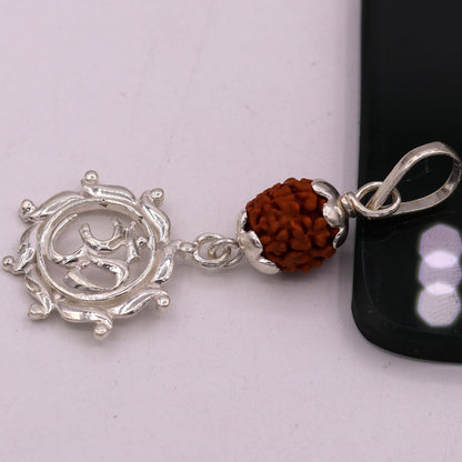 Vintage sterling silver Rudraksha bead with 'Aum' pendant, unisex tribal jewelry by TRIBAL ORNAMENTS.